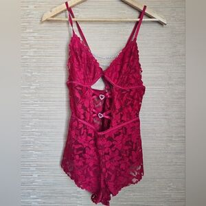 Red Lace Heart Teddy Romper Large Sexy Lingerie Valentine Sheer Stretch